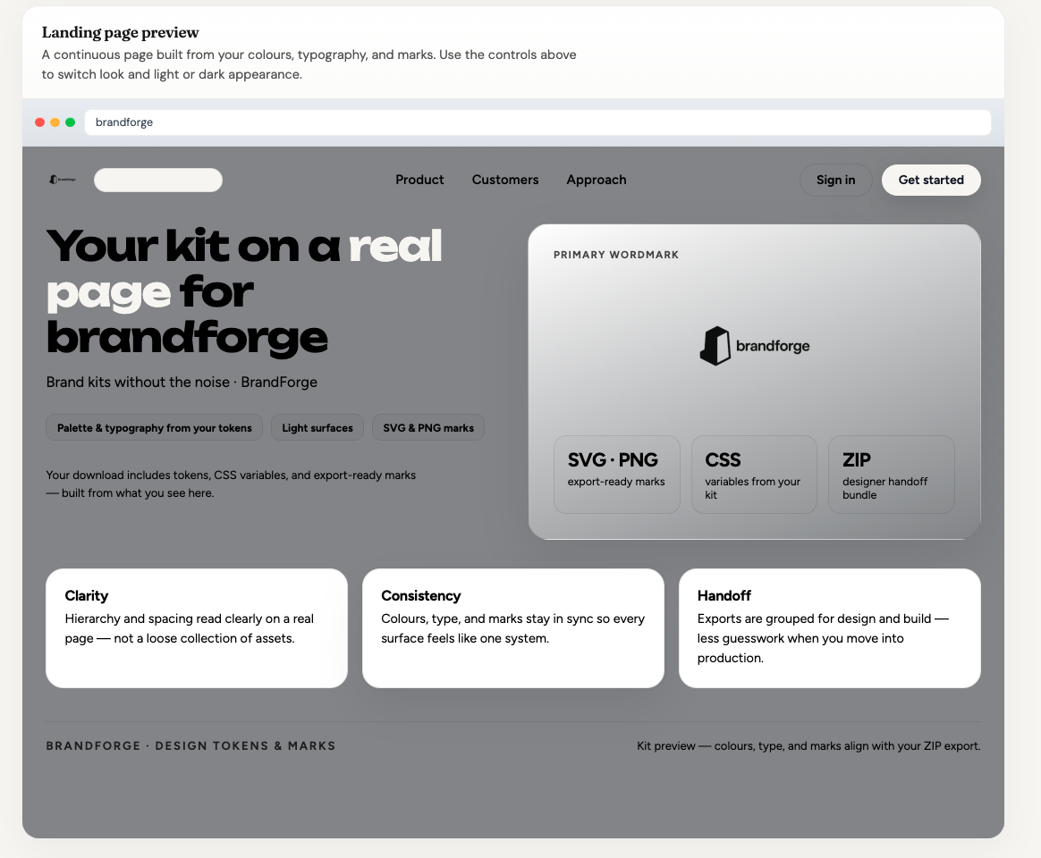 Example of a BrandForge export: folders for logos, colours, typography, CSS, tokens, and preview