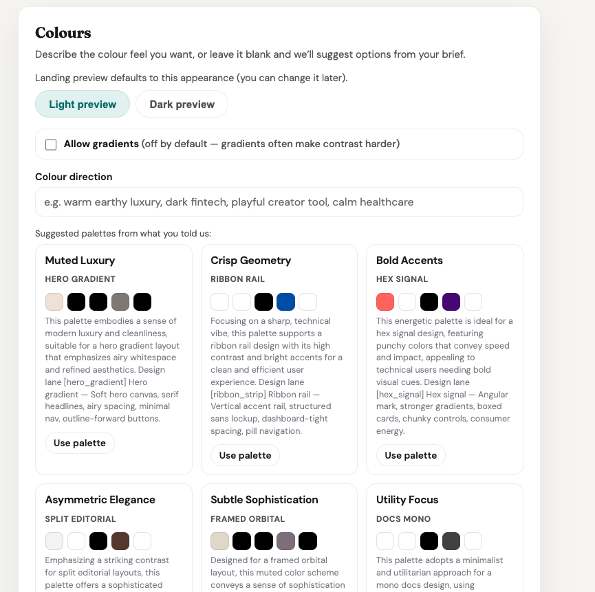 Colour palette choices in the BrandForge wizard