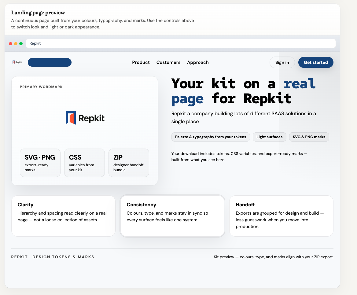 Landing-style preview of a generated brand